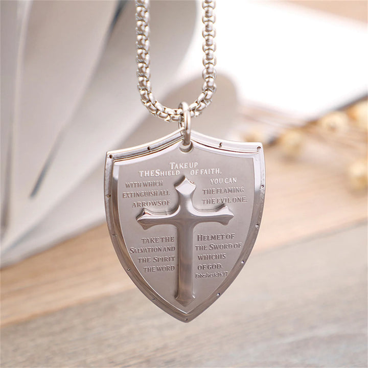Christianartworkshop Halskette mit Kreuz- und Schildanhänger aus Edelstahl für das Vaterunser - Aufnehmen - Silber - image 1