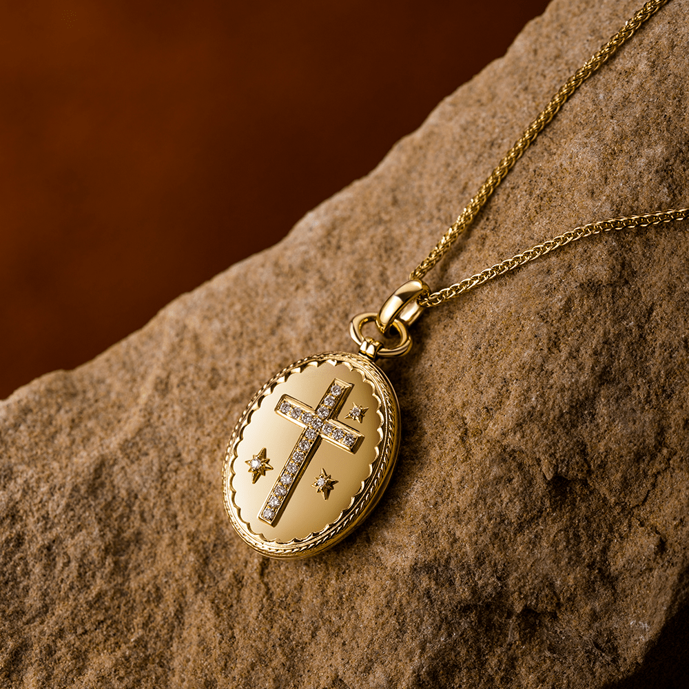 Christianartworkshop Halskette mit Kreuz-Schatzkiste-Anhänger, 18 Karat Gold, Diamantbesatz, moderner Stil - 18K Gold - image 1