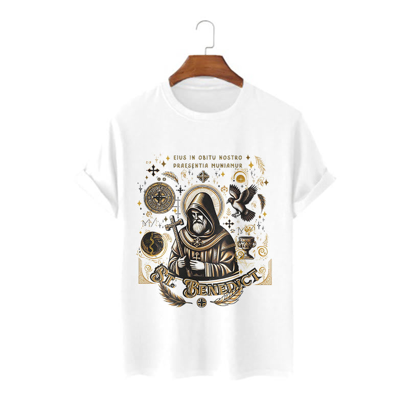 Christianartworkshop Klassisches T-Shirt mit Segensmotiv des Heiligen Benedikt, kurzärmlig, gewaschen