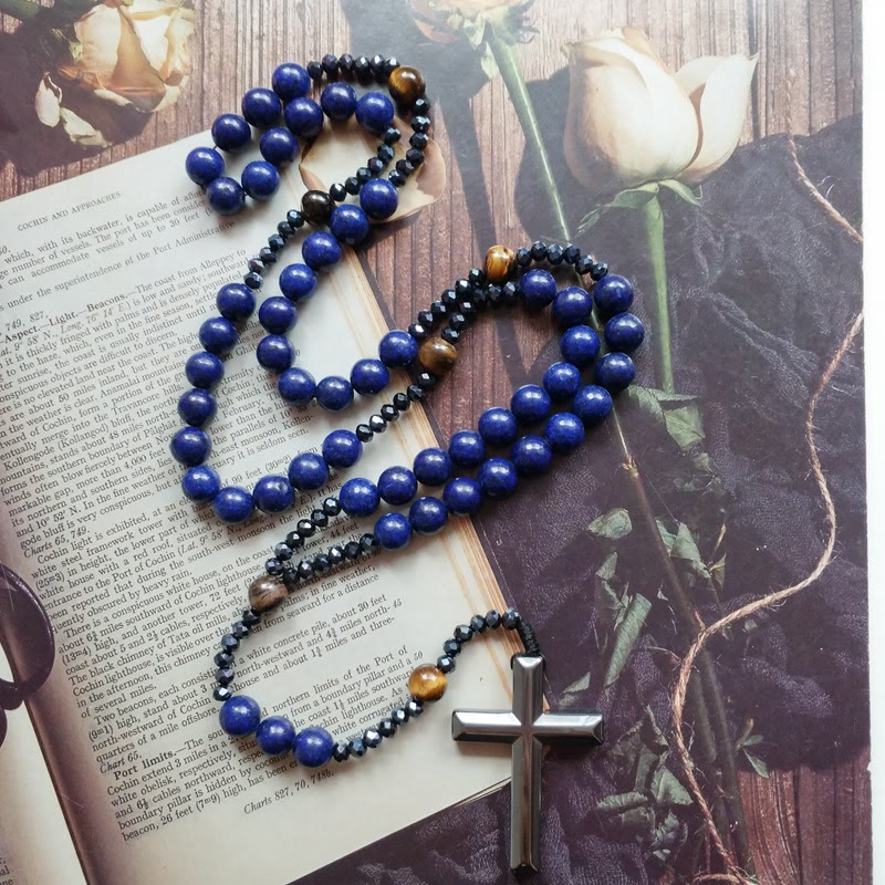 Christianartworkshop Kreuz aus 4 x 8 mm rundem blauem Hämatit und Blaustein, Nylonschnur, Rosenkranz