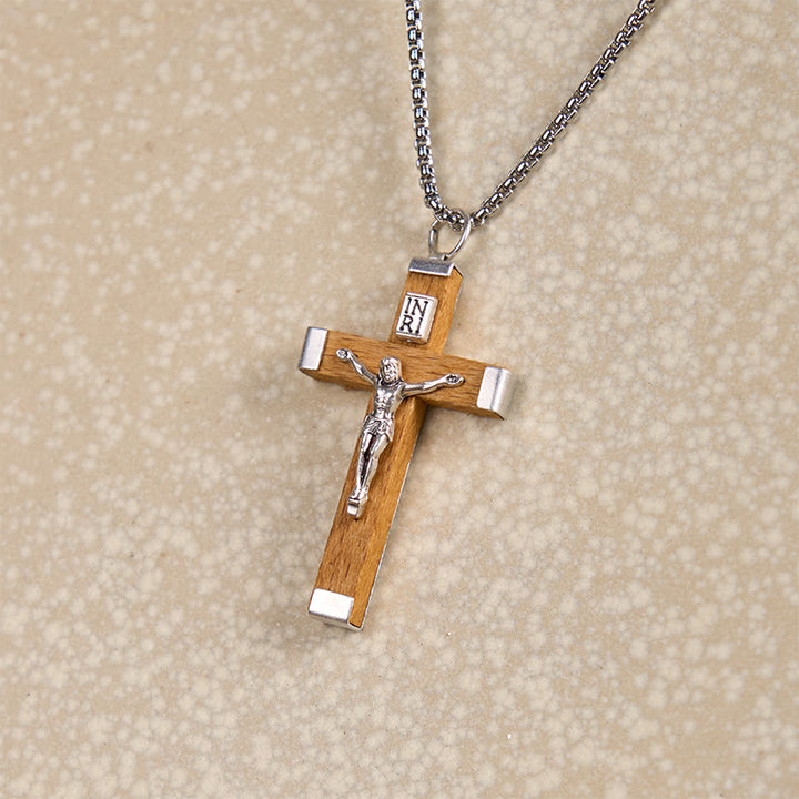Christianartworkshop Halskette mit Anhänger im Retro-Stil mit Jesus-Ikone und Kruzifix aus Holz und Legierung