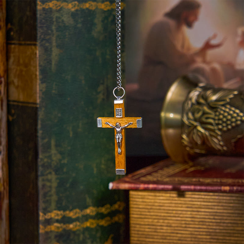Christianartworkshop Halskette mit Anhänger im Retro-Stil mit Jesus-Ikone und Kruzifix aus Holz und Legierung