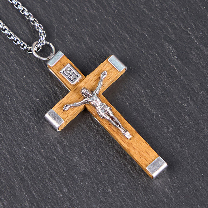 Christianartworkshop Halskette mit Anhänger im Retro-Stil mit Jesus-Ikone und Kruzifix aus Holz und Legierung