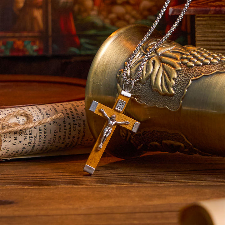 Christianartworkshop Halskette mit Anhänger im Retro-Stil mit Jesus-Ikone und Kruzifix aus Holz und Legierung