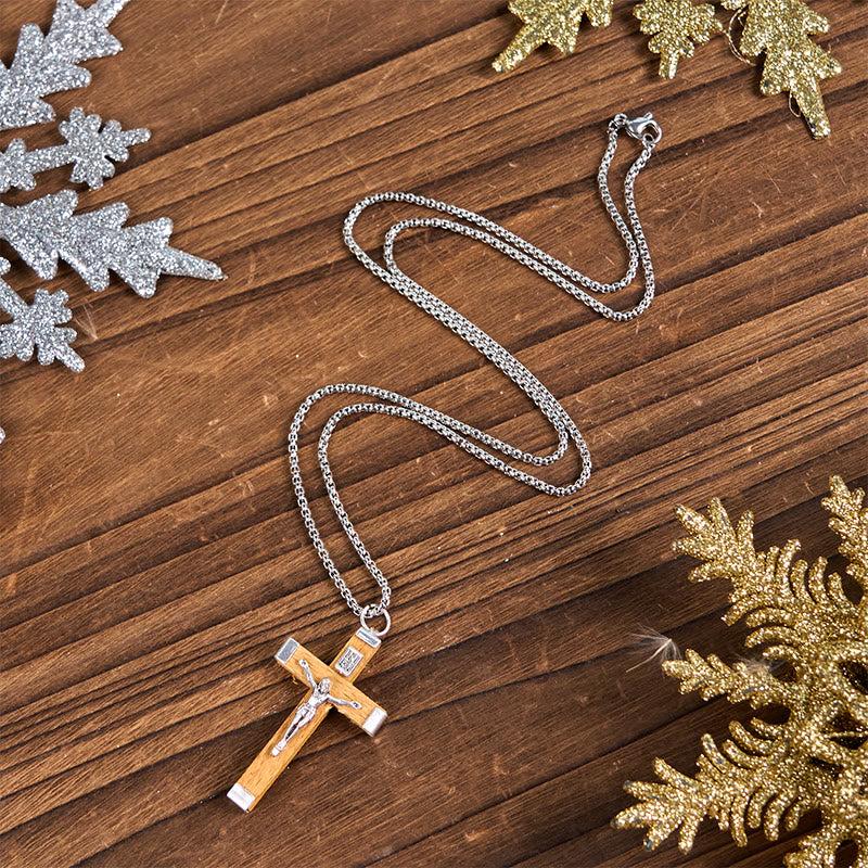 Christianartworkshop Halskette mit Anhänger im Retro-Stil mit Jesus-Ikone und Kruzifix aus Holz und Legierung