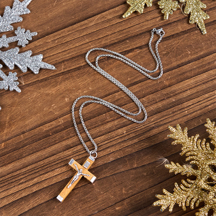 Christianartworkshop Halskette mit Anhänger im Retro-Stil mit Jesus-Ikone und Kruzifix aus Holz und Legierung