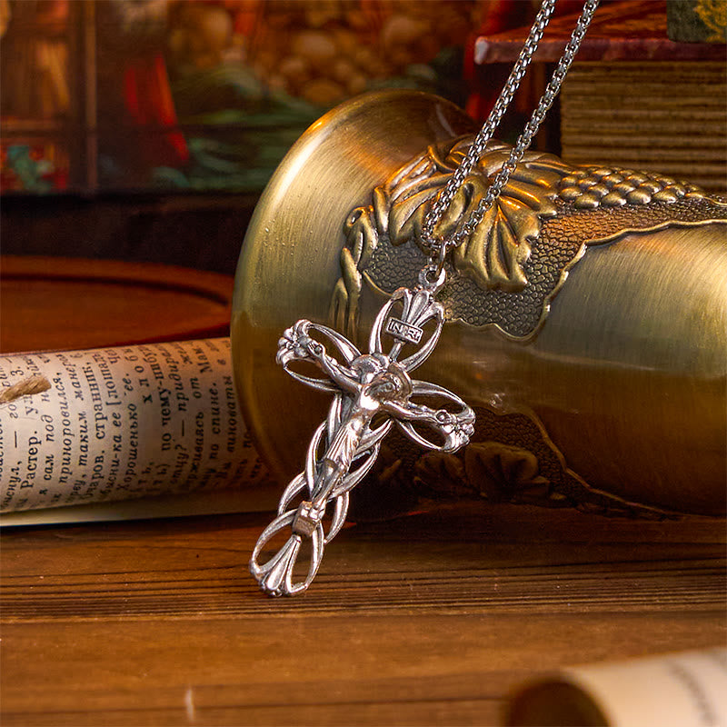 Christianartworkshop Halskette mit Anhänger im Retro-Muster, exklusives Handwerk, Jesus-Kruzifix-Amulett