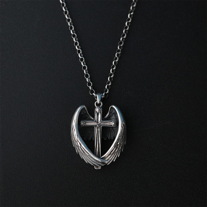 Christianartworkshop Halskette mit Kreuz und Engelsflügeln aus 925er Sterlingsilber: Verkörperung von Glauben und himmlischer Gnade - 925er Sterlingsilber - image 0