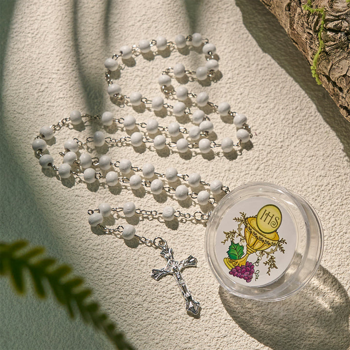 Christianartworkshop Göttlicher Rosenkranz aus Holz für die Kommunion, Heiliger Kelch, Weiß, mit Geschenkbox-Paket - image 3