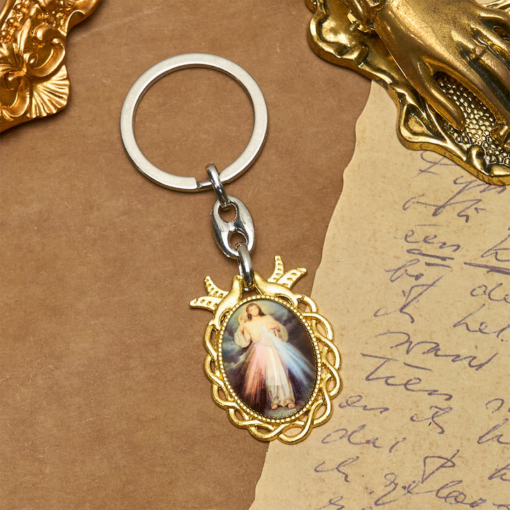 Christianartworkshop Goldener Rahmen Göttliche Barmherzigkeit Schlüsselanhänger mit Heiligem Geist Taube: Himmlisches Gnadenzeichen - image 3