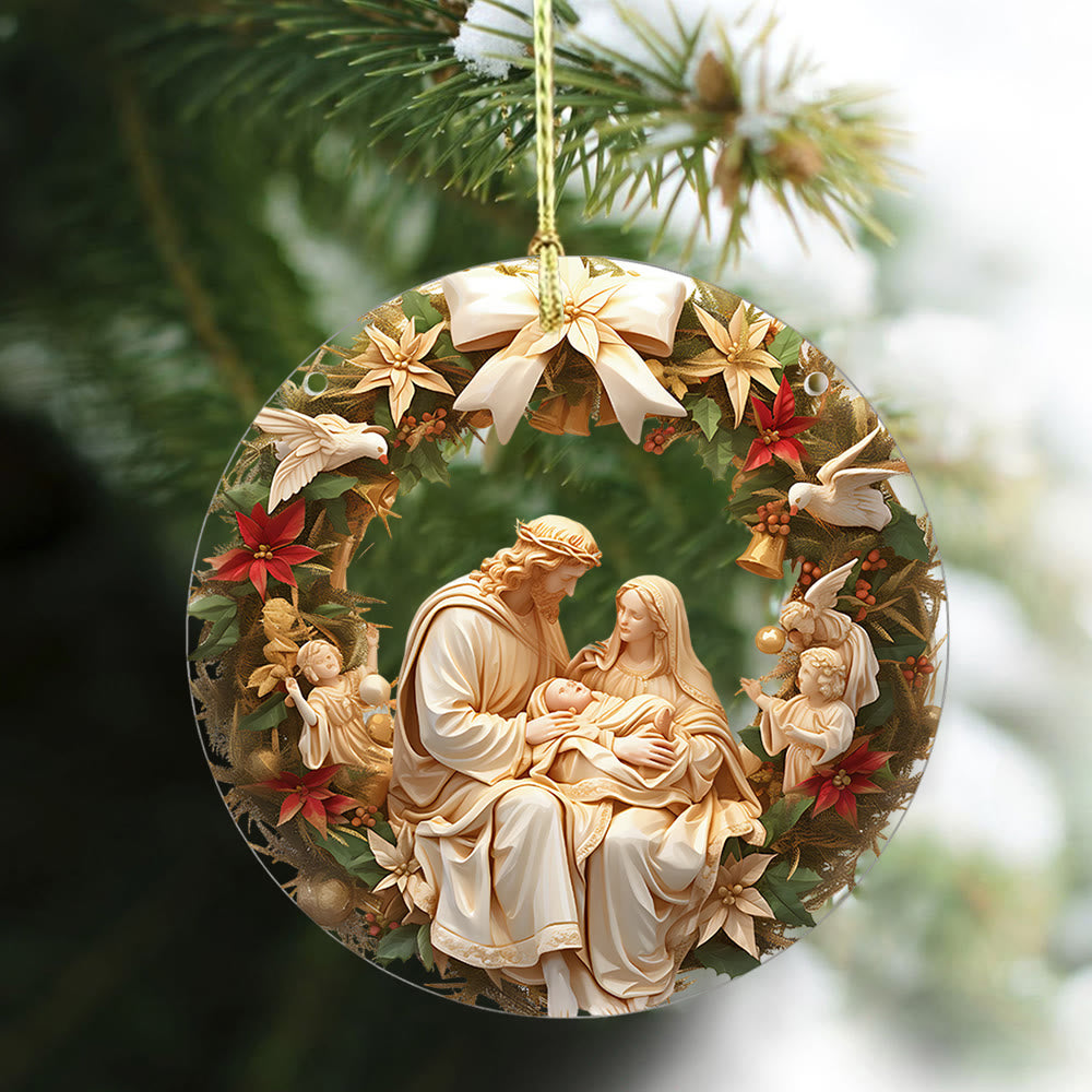 Elegante klassische Weihnachtsdekoration mit Heiliger Familie und Engeln aus Acryl zum Aufhängen – Christian Art Workshop.DE