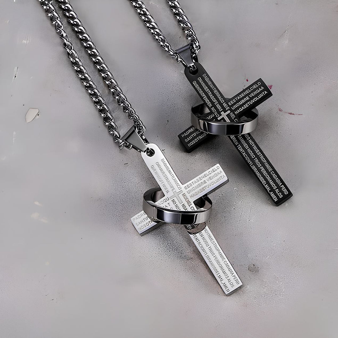 Christianartworkshop Halskette mit Kreuzanhänger „Vaterunser“ mit ineinandergreifendem Ring: Kräftiger Stil, heilige Bedeutung - Schwarz - image 1