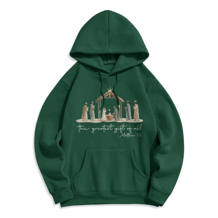 Christianartworkshop Gemütlicher Kapuzenpullover mit Weihnachtskrippe, größtes Geschenk, Schriftzug, mit Fleecefutter, Polyester - Grün - 2XL - image 0