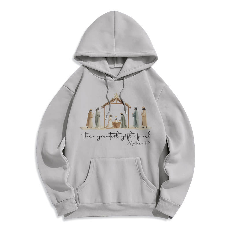 Christianartworkshop Gemütlicher Kapuzenpullover mit Weihnachtskrippe, größtes Geschenk, Schriftzug, mit Fleecefutter, Polyester - Grau - 2XL - image 4