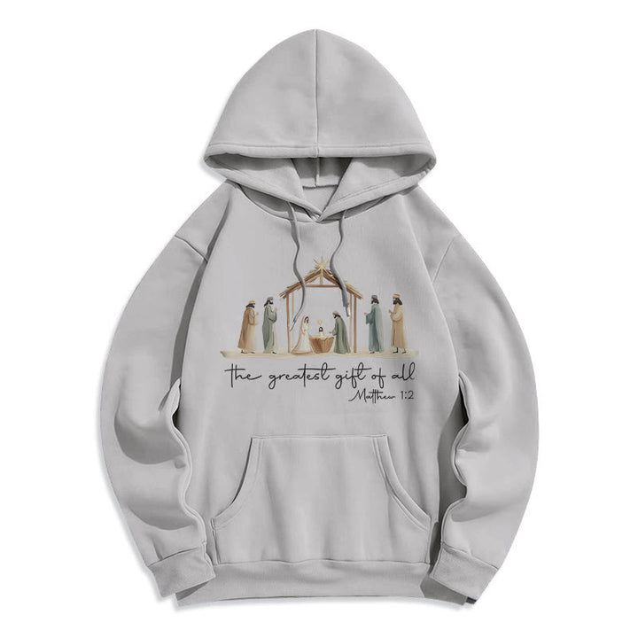 Christianartworkshop Gemütlicher Kapuzenpullover mit Weihnachtskrippe, größtes Geschenk, Schriftzug, mit Fleecefutter, Polyester - Grau - 2XL - image 4