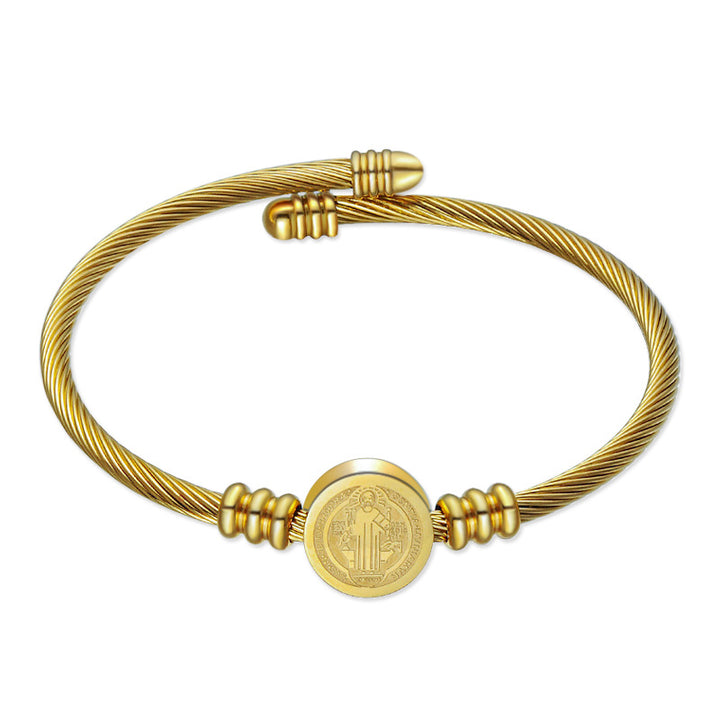 Armreif aus gedrehtem Seil mit Saint Benedict-Anhängern aus Edelstahl 304 für Damen, golden, Innendurchmesser: 6 cm