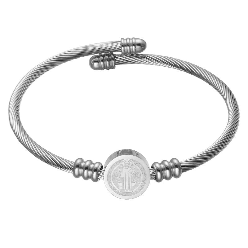 Armreif aus gedrehtem Seil mit Saint Benedict-Anhängern aus Edelstahl 304 für Damen, golden, Innendurchmesser: 6 cm