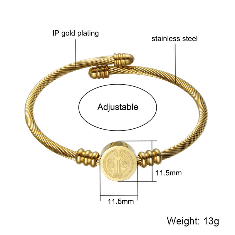 Armreif aus gedrehtem Seil mit Saint Benedict-Anhängern aus Edelstahl 304 für Damen, golden, Innendurchmesser: 6 cm
