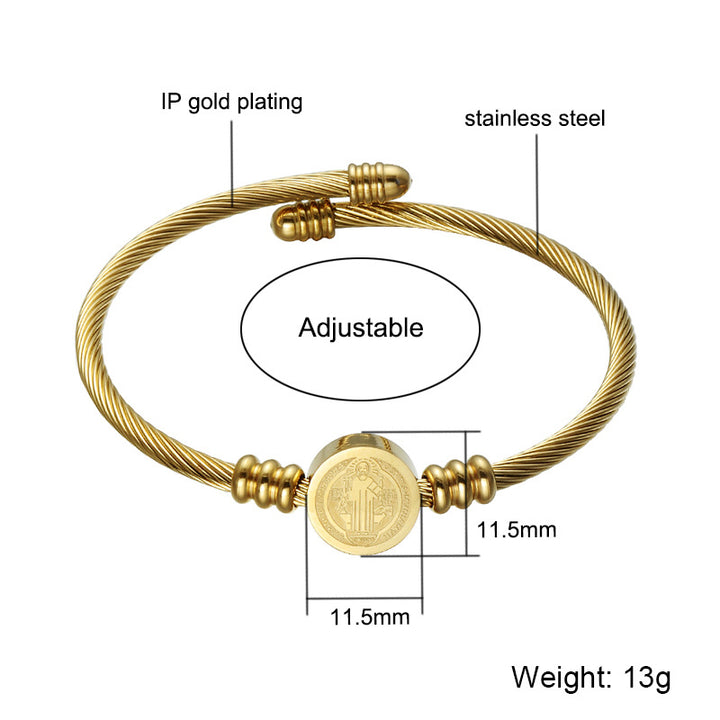 Armreif aus gedrehtem Seil mit Saint Benedict-Anhängern aus Edelstahl 304 für Damen, golden, Innendurchmesser: 6 cm