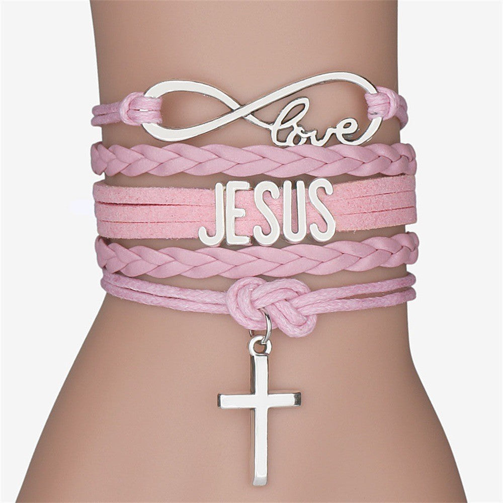 Christianartworkshop Jesus-Armband, handgestrickt, mehrlagig, Kreuz - Rosa - image 3