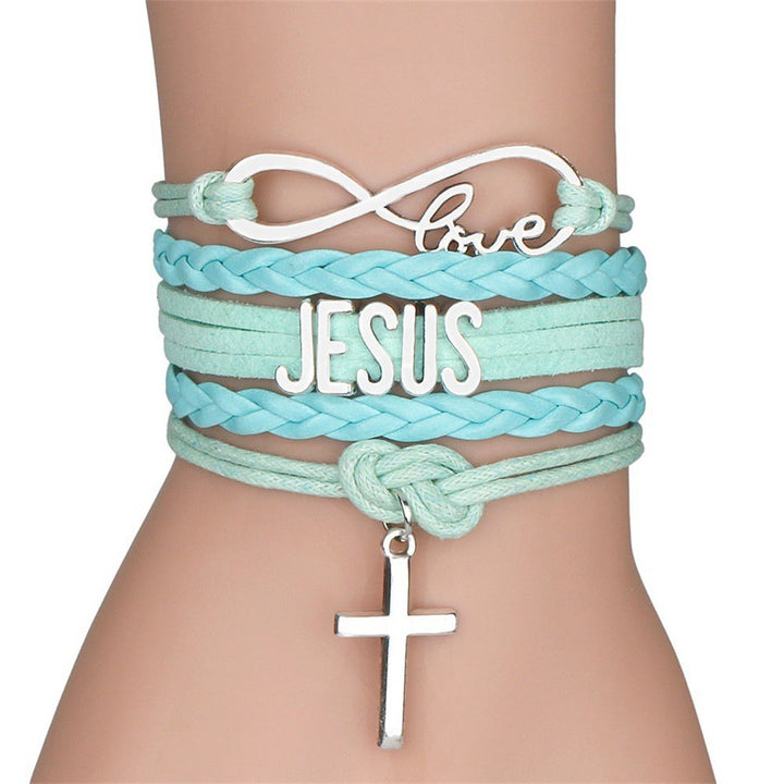 Christianartworkshop Jesus-Armband, handgestrickt, mehrlagig, Kreuz - Hellblau - image 4
