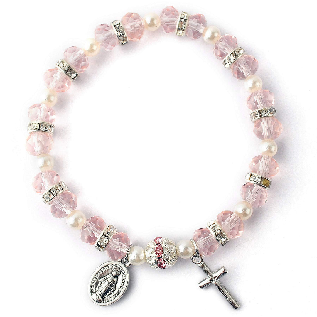 Christianartworkshop Stretch-Armband aus Kristallperlen mit Kruzifix und Wundermedaille - Rosa - image 5