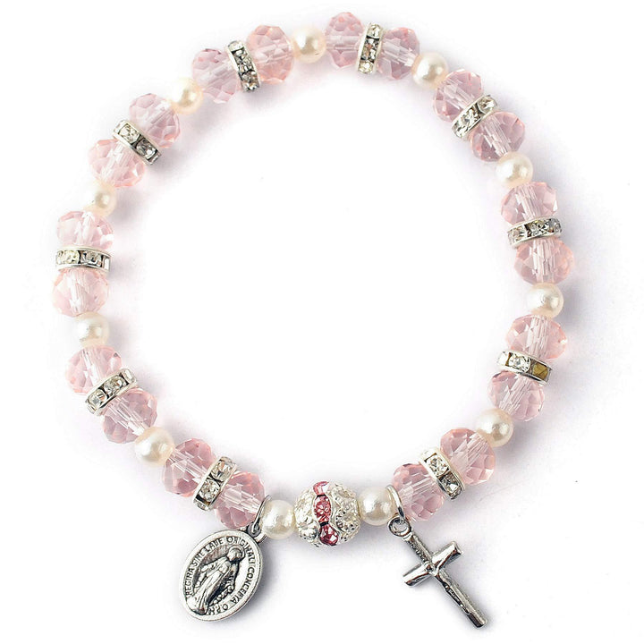 Christianartworkshop Stretch-Armband aus Kristallperlen mit Kruzifix und Wundermedaille - Rosa - image 5