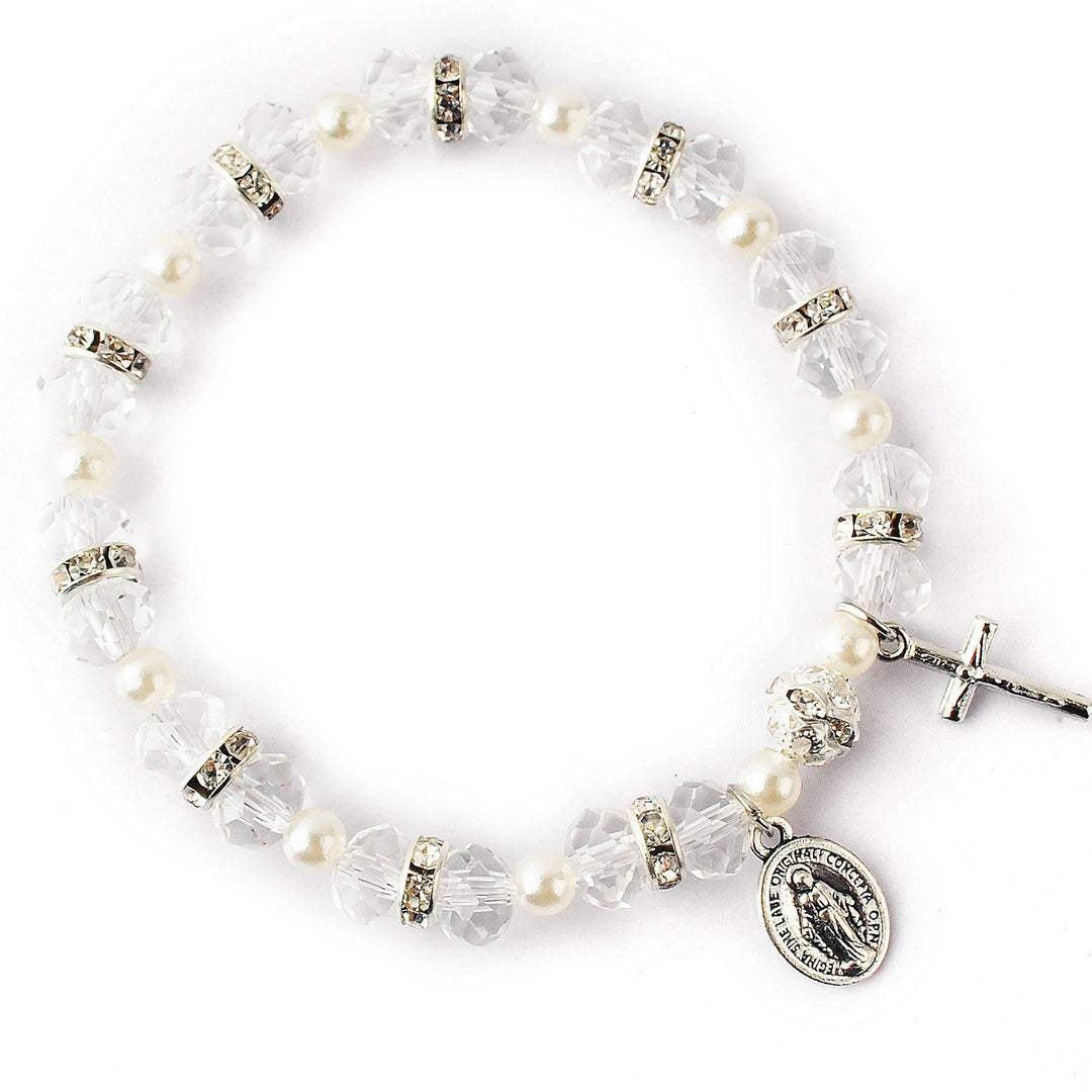 Christianartworkshop Stretch-Armband aus Kristallperlen mit Kruzifix und Wundermedaille - Weiß - image 4