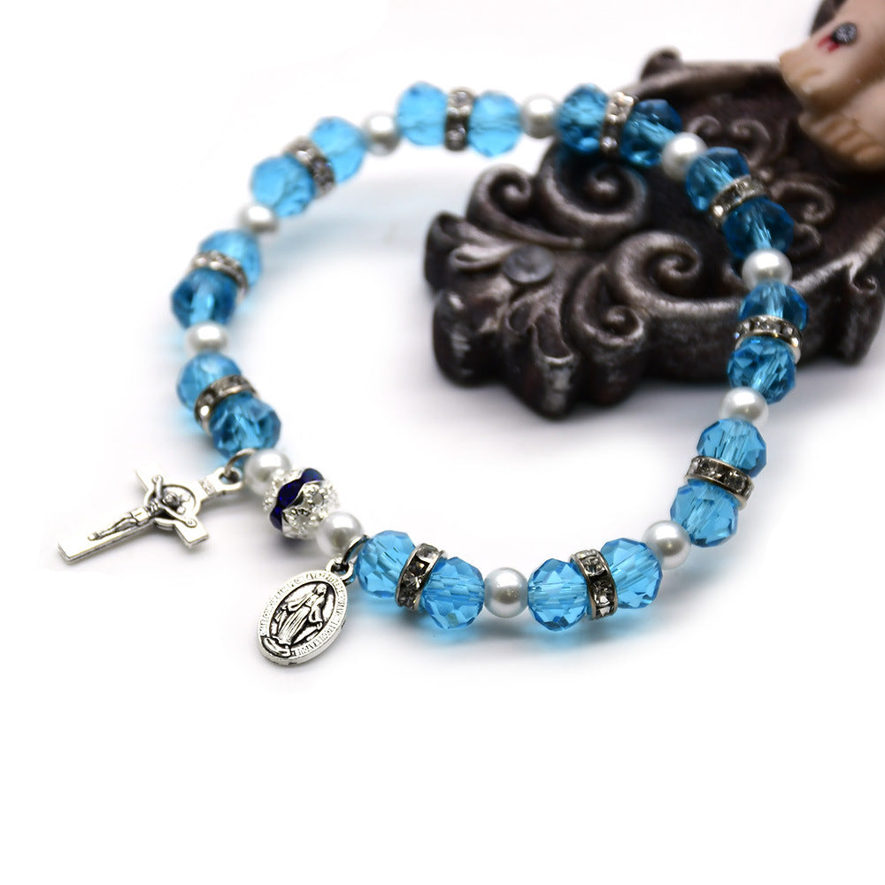 Christianartworkshop Stretch-Armband aus Kristallperlen mit Kruzifix und Wundermedaille - Aqua - image 0