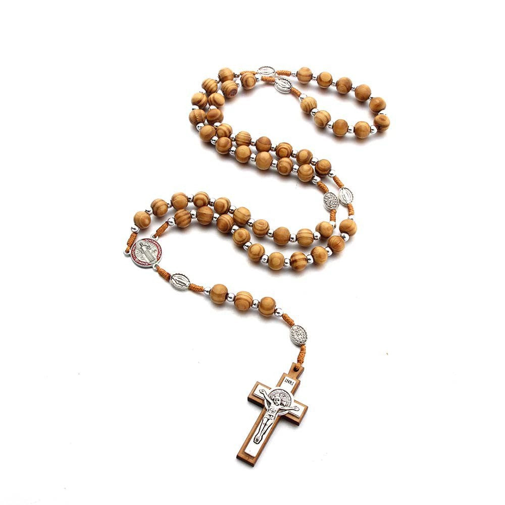 Handgefertigter Rosenkranz aus Naturholz mit Benediktkreuz