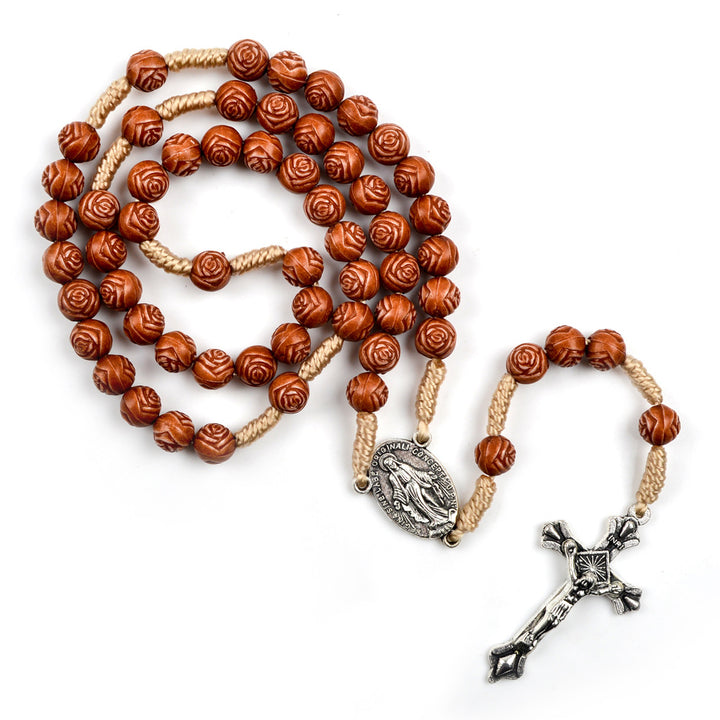 Christianartworkshop Handgefertigter Rosenkranz aus Holzperlen in Rosenform: Wundertätige Medaille und Kruzifix