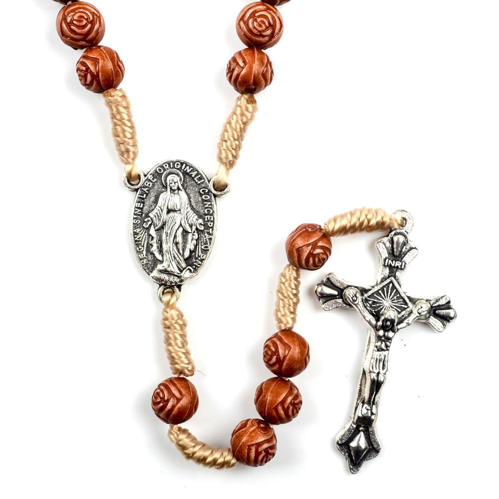 Christianartworkshop Handgefertigter Rosenkranz aus Holzperlen in Rosenform: Wundertätige Medaille und Kruzifix