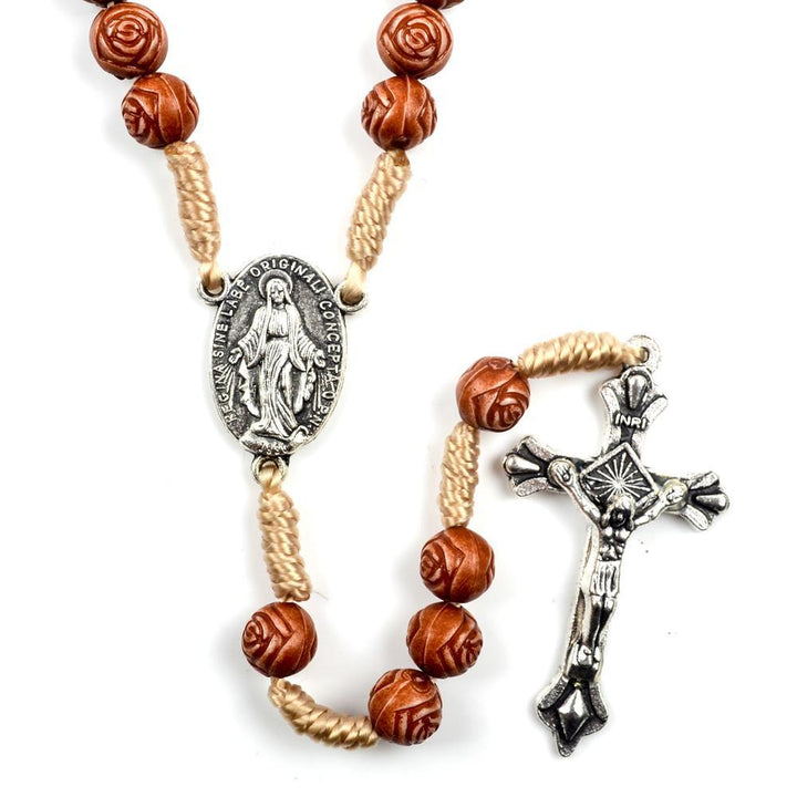 Christianartworkshop Handgefertigter Rosenkranz aus Holzperlen in Rosenform: Wundertätige Medaille und Kruzifix