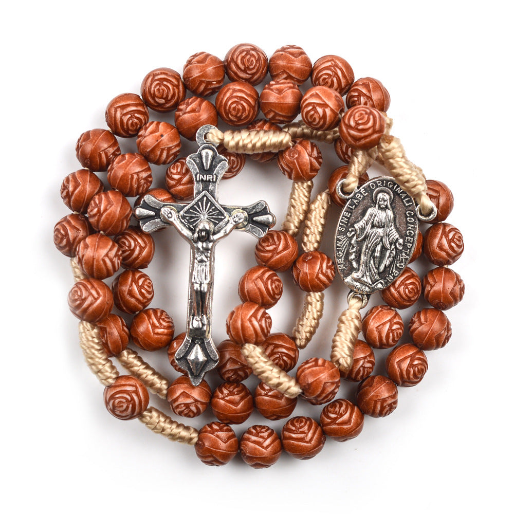 Christianartworkshop Handgefertigter Rosenkranz aus Holzperlen in Rosenform: Wundertätige Medaille und Kruzifix