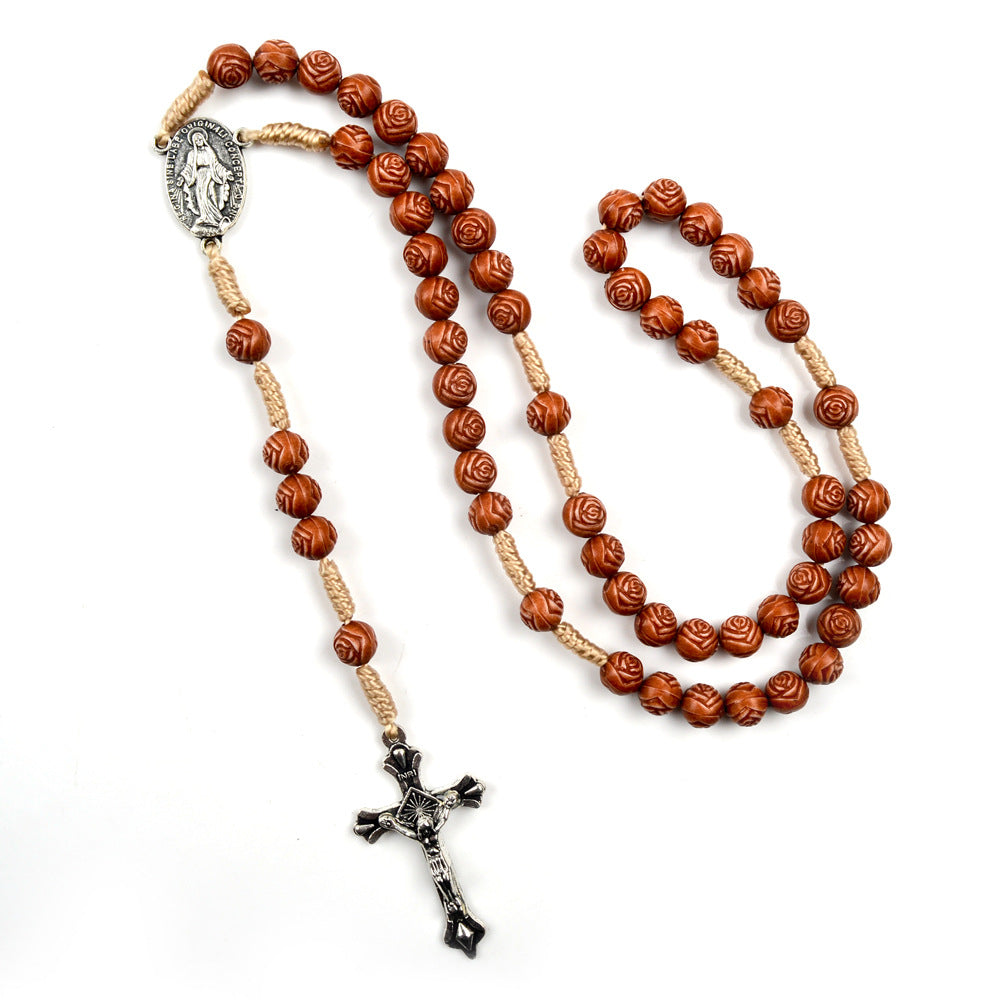 Christianartworkshop Handgefertigter Rosenkranz aus Holzperlen in Rosenform: Wundertätige Medaille und Kruzifix