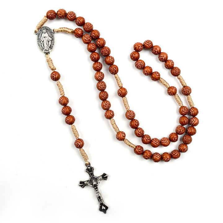 Christianartworkshop Handgefertigter Rosenkranz aus Holzperlen in Rosenform: Wundertätige Medaille und Kruzifix