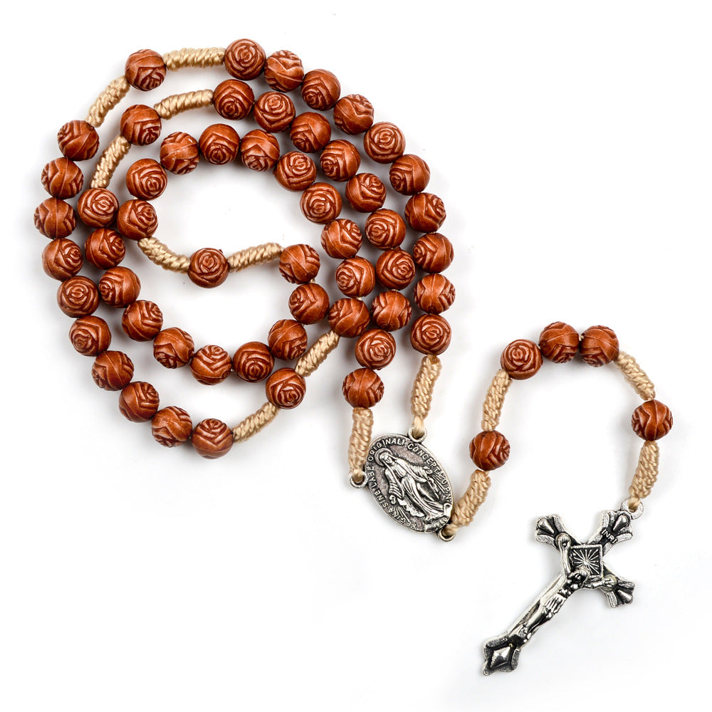 Christianartworkshop Handgefertigter Rosenkranz aus Holzperlen in Rosenform: Wundertätige Medaille und Kruzifix - Rosenförmig - image 0