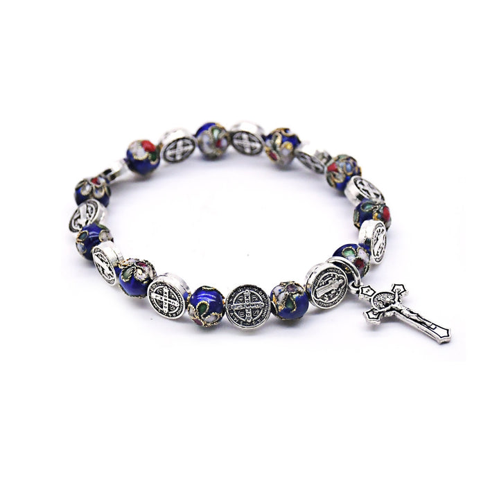 Handgefertigtes Rosenkranz-Armband aus Metall mit Cloisonné-Motiv des heiligen Benedikt