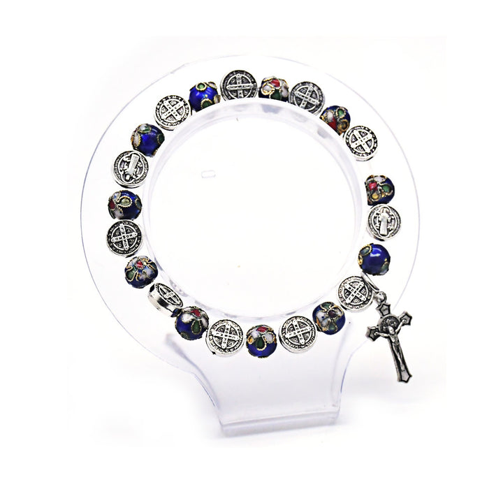 Handgefertigtes Rosenkranz-Armband aus Metall mit Cloisonné-Motiv des heiligen Benedikt