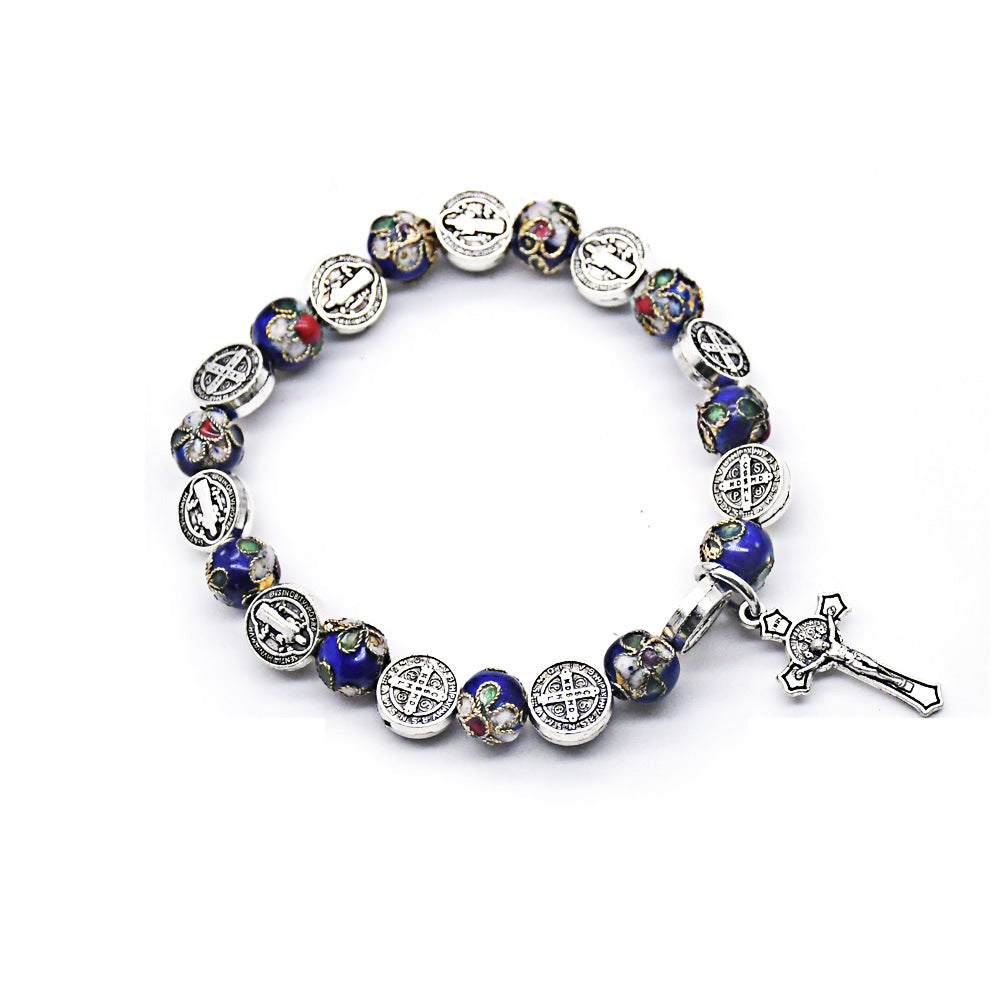 Handgefertigtes Rosenkranz-Armband aus Metall mit Cloisonné-Motiv des heiligen Benedikt