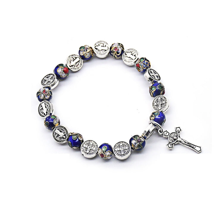 Handgefertigtes Rosenkranz-Armband aus Metall mit Cloisonné-Motiv des heiligen Benedikt
