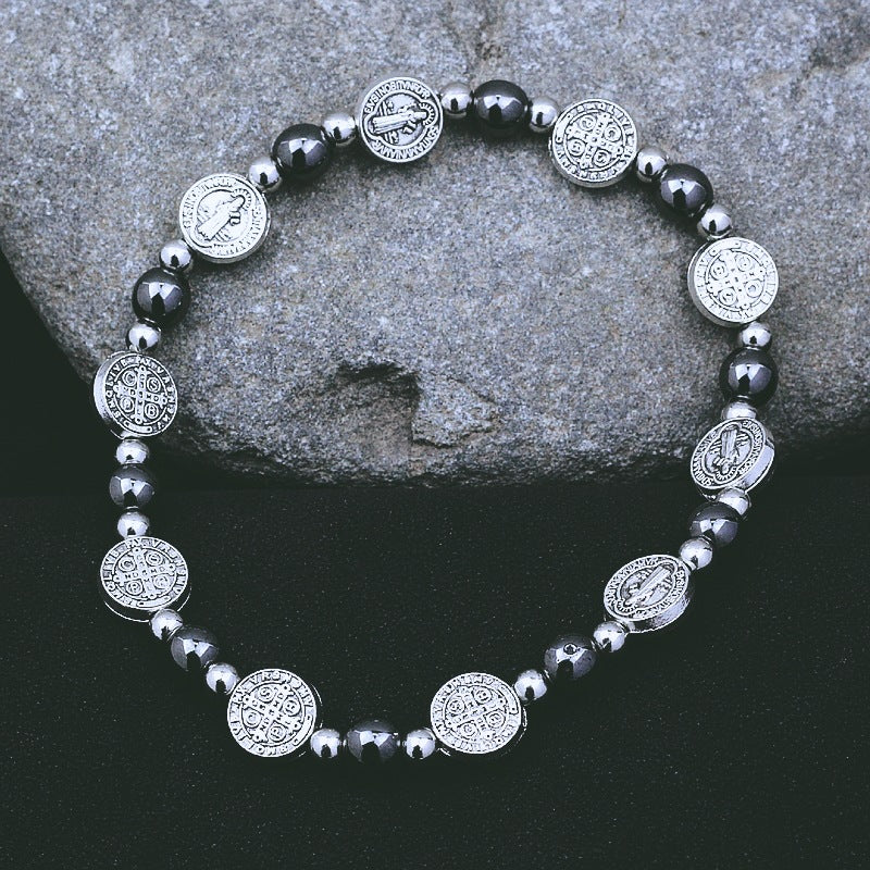 Christianartworkshop Rosenkranz-Armband aus schwarzem Gallenstein mit dem Heiligen Benedikt - Schwarzer Gallenstein - image 1