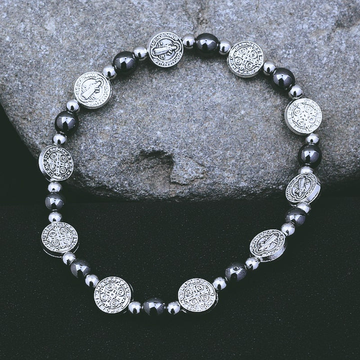 Christianartworkshop Rosenkranz-Armband aus schwarzem Gallenstein mit dem Heiligen Benedikt - Schwarzer Gallenstein - image 1