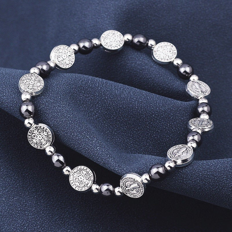 Christianartworkshop Rosenkranz-Armband aus schwarzem Gallenstein mit dem Heiligen Benedikt - image 3