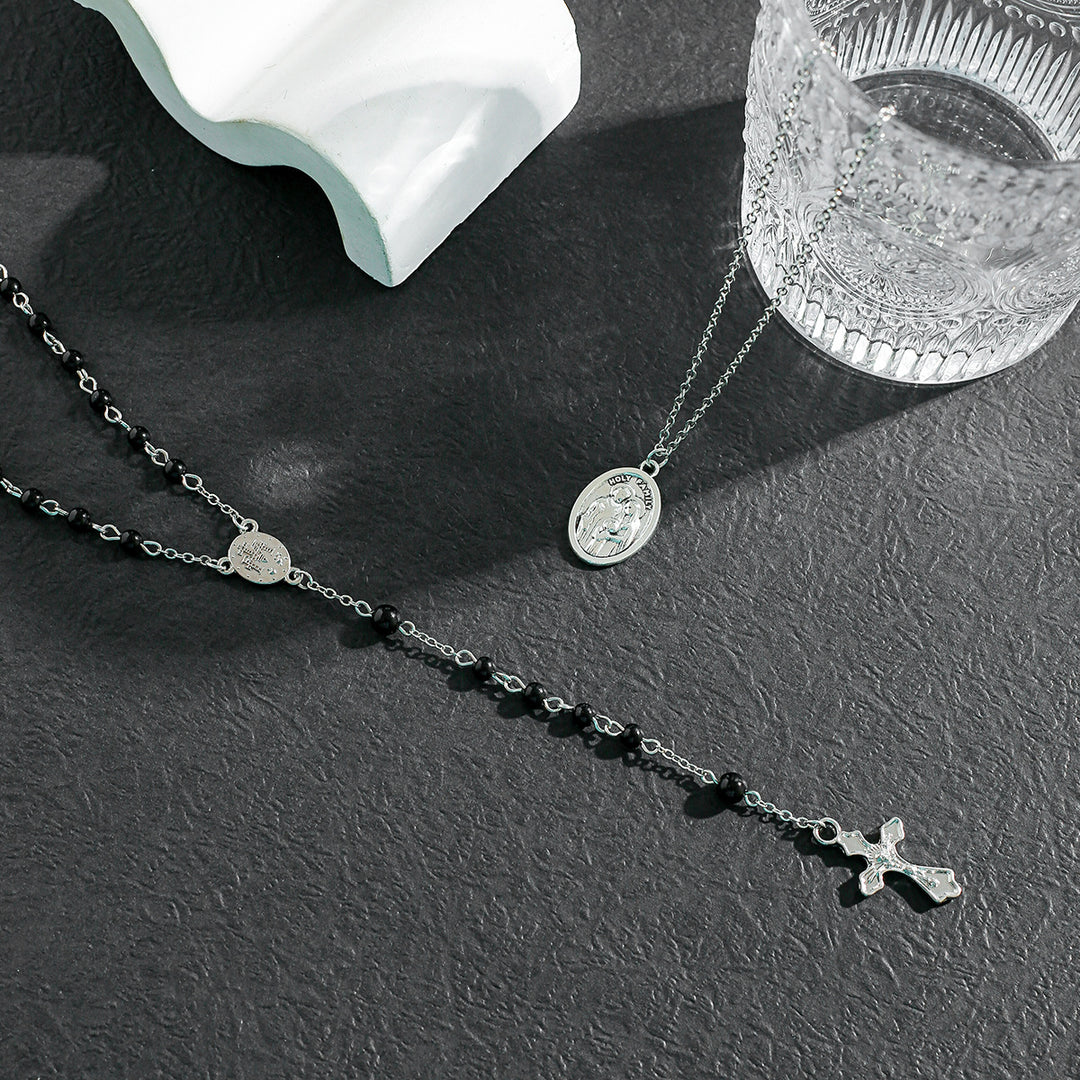 Christianartworkshop – Mehrreihige Halskette mit Kreuz und schwarzen Perlen - image 3
