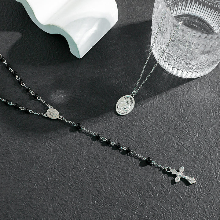 Christianartworkshop – Mehrreihige Halskette mit Kreuz und schwarzen Perlen - image 3