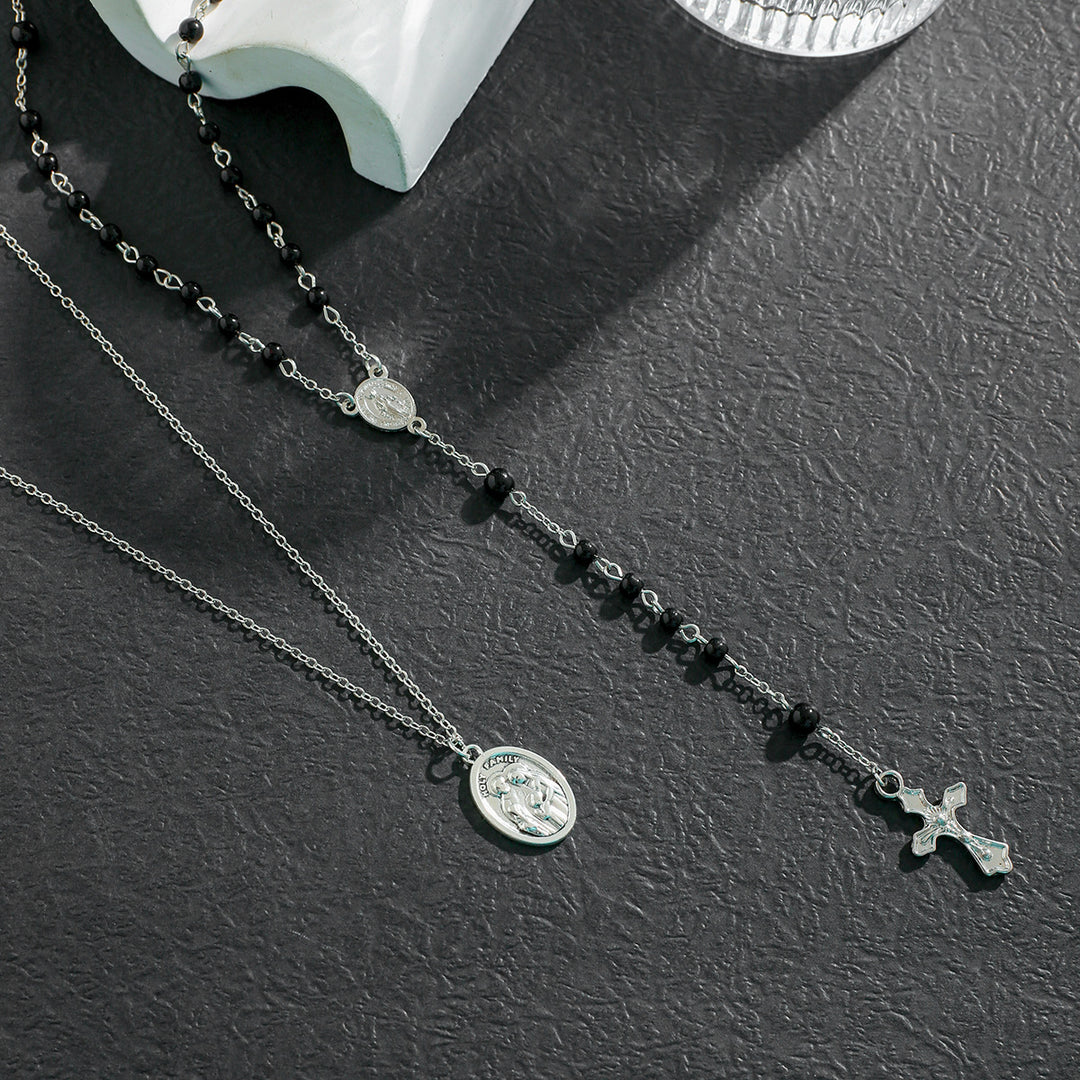 Christianartworkshop – Mehrreihige Halskette mit Kreuz und schwarzen Perlen - image 4