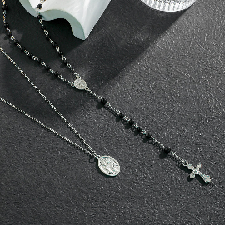 Christianartworkshop – Mehrreihige Halskette mit Kreuz und schwarzen Perlen - image 4