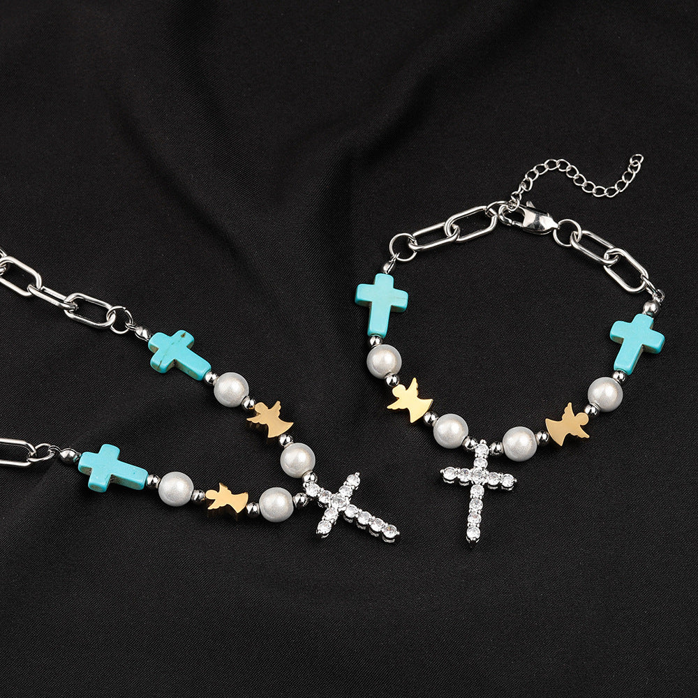 Christianartworkshop Handgefertigtes Armband/Halskette aus Titan mit Türkis-Zirkon-Kreuz - image 2