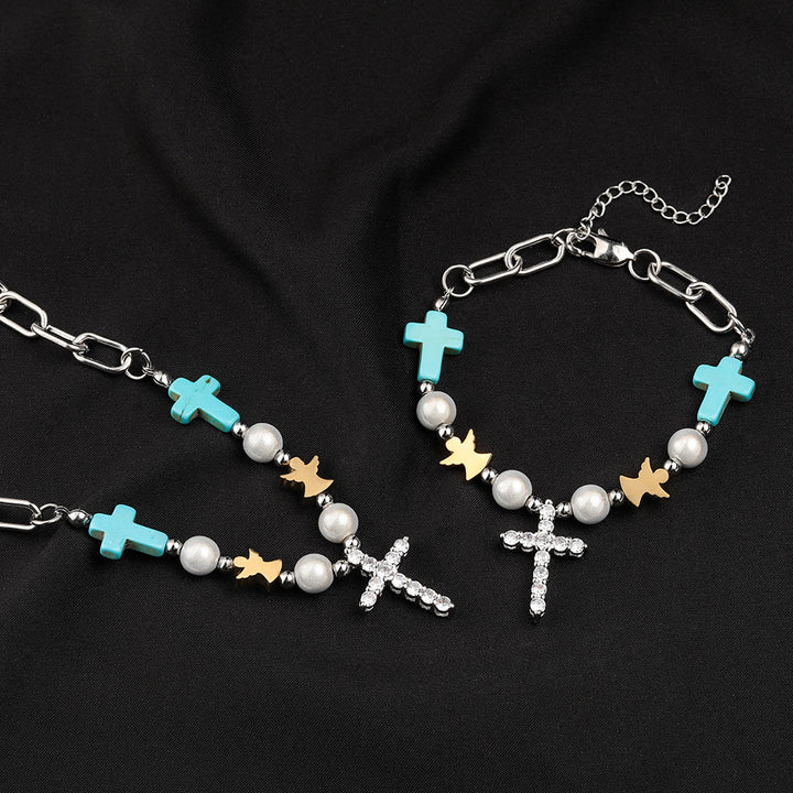 Christianartworkshop Handgefertigtes Armband/Halskette aus Titan mit Türkis-Zirkon-Kreuz - image 2